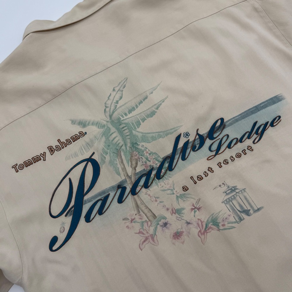 Tommy Bahama Mens Large Silk Paradise Lodge Graphic Camp Shirt‎ Tan Herringbone
